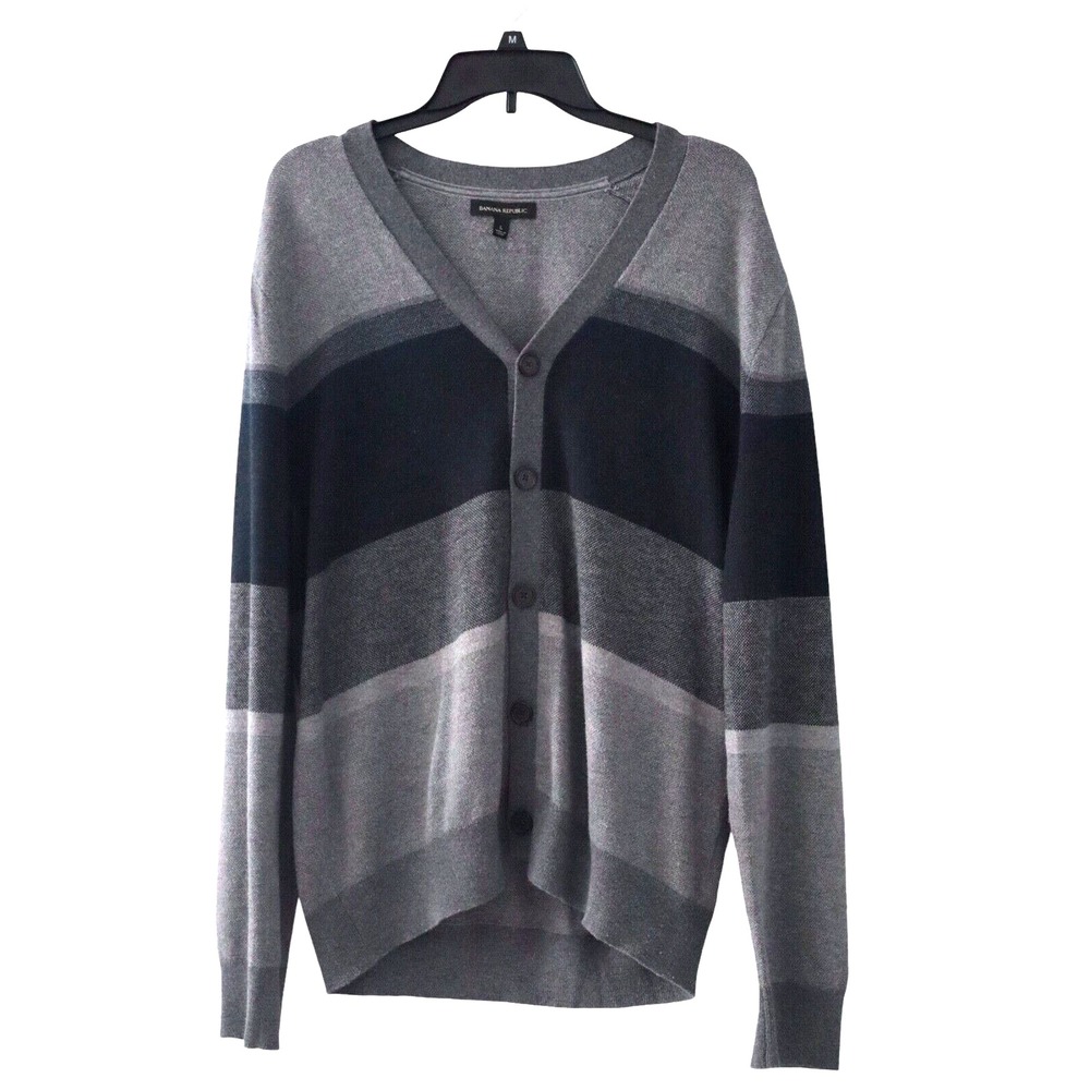 Banana Republic Sz L‎ Silk Blend Gray Black Boyfriend Cardigan Academia Preppy